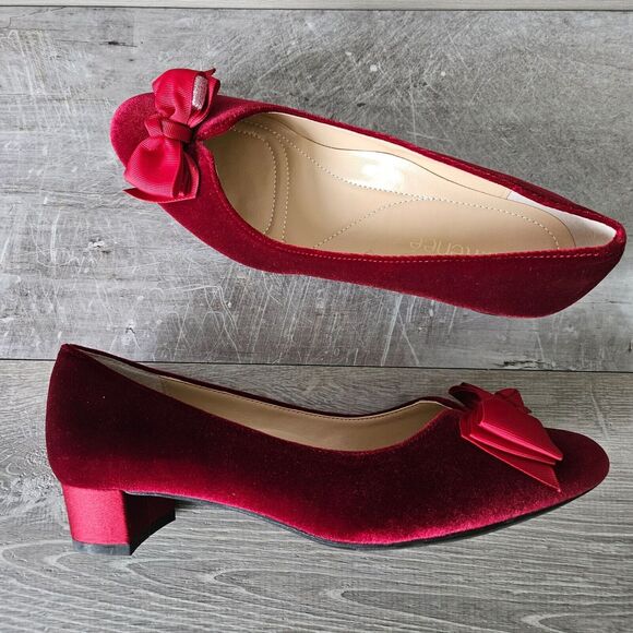 J.Renee Shoes - J. Renee Cameo Red Velvet Low-Heel Pump Dress Shoes w/ Bow Accents Size 9M